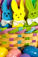 Closeup of Easter Basket with Plastic Eggs and Bunnies